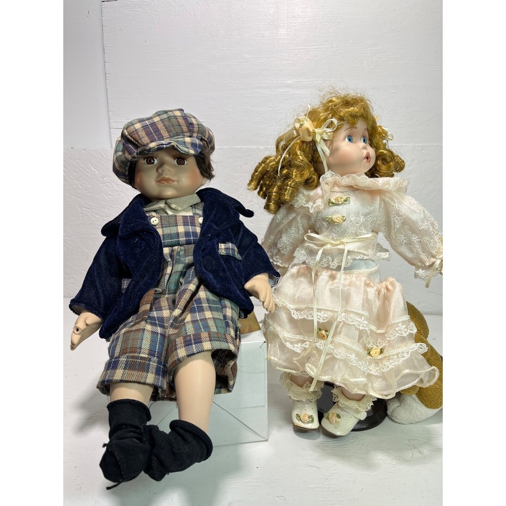 Vintage Porcelain Dolls Nipping Dog Girl Sitting Boy . SEE DESCRIPTION